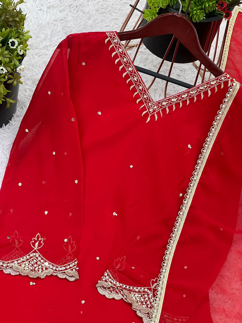 Celebrity Style Red Color Heavy Faux Georgette With Embroidery Sequence Work Palazzo Suit