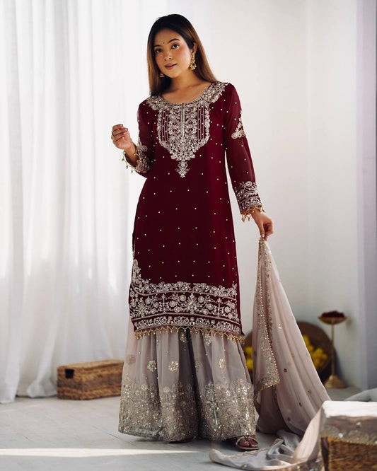 Reception Wear Wine Color Heavy Faux Georgette With Heavy Embroidery Work Palazzo Suit
