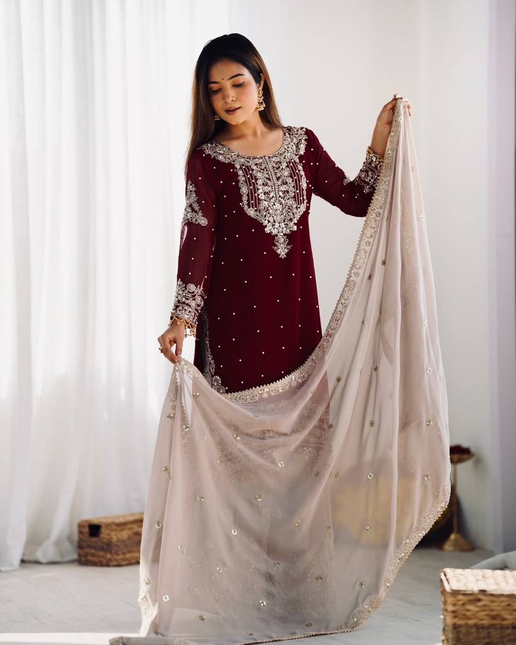Reception Wear Wine Color Heavy Faux Georgette With Heavy Embroidery Work Palazzo Suit