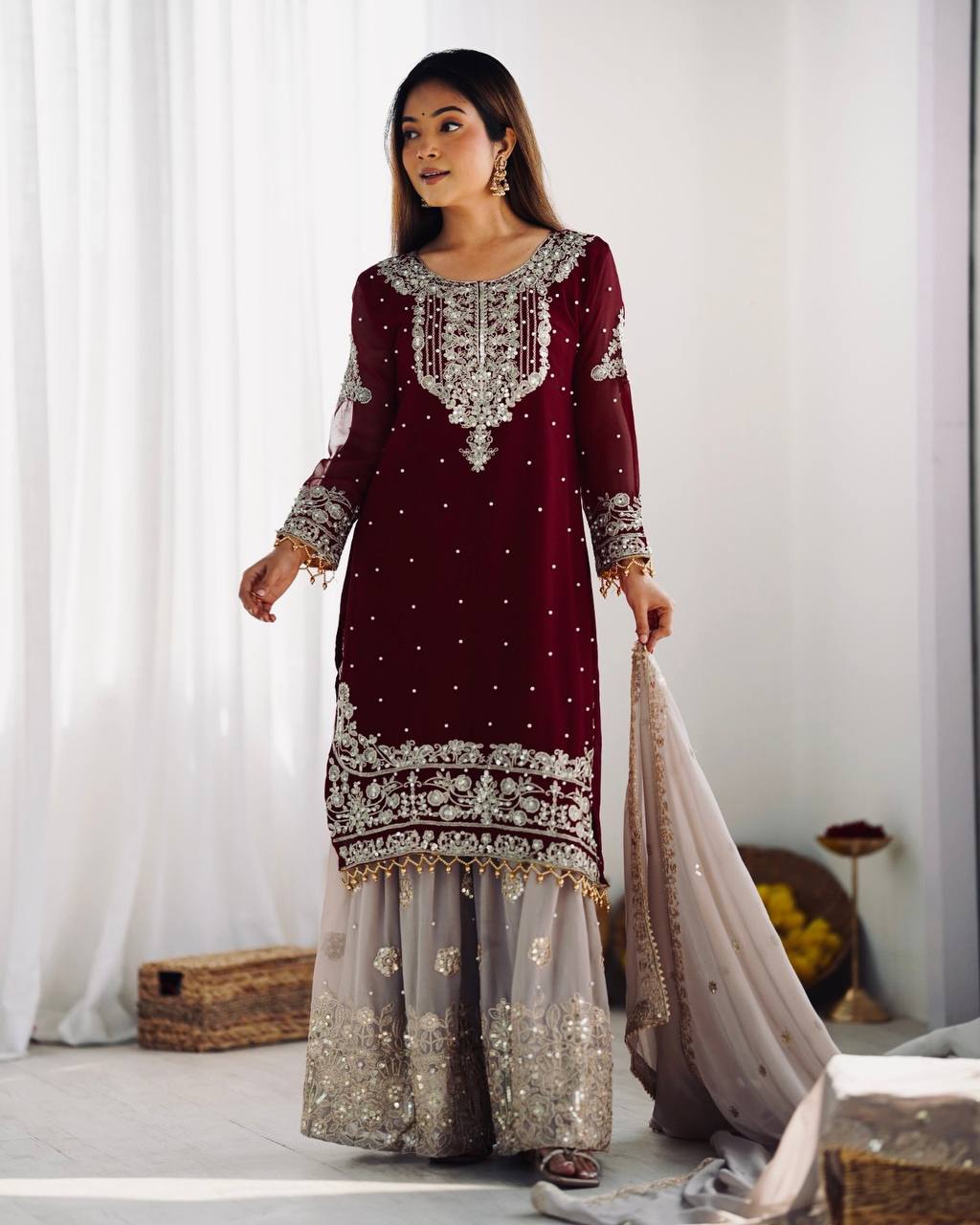 Reception Wear Wine Color Heavy Faux Georgette With Heavy Embroidery Work Palazzo Suit