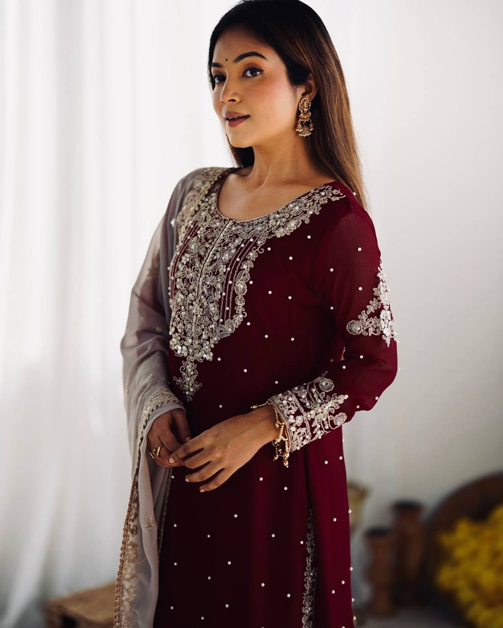 Reception Wear Wine Color Heavy Faux Georgette With Heavy Embroidery Work Palazzo Suit