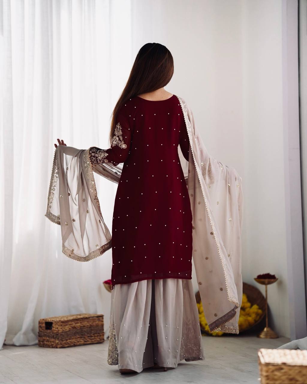 Reception Wear Wine Color Heavy Faux Georgette With Heavy Embroidery Work Palazzo Suit