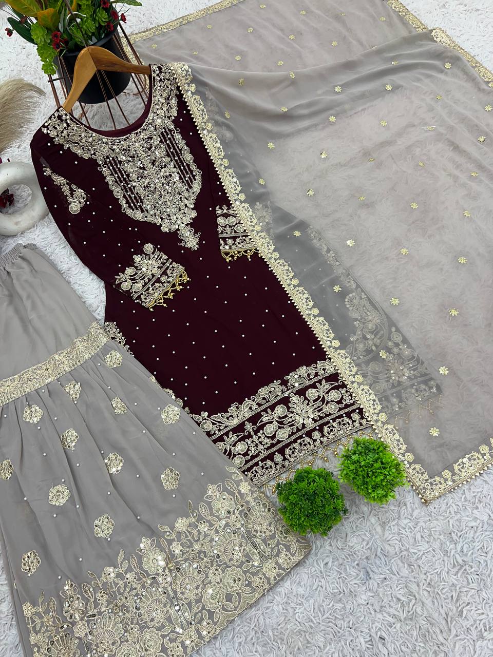 Reception Wear Wine Color Heavy Faux Georgette With Heavy Embroidery Work Palazzo Suit