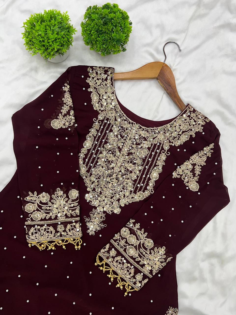 Reception Wear Wine Color Heavy Faux Georgette With Heavy Embroidery Work Palazzo Suit