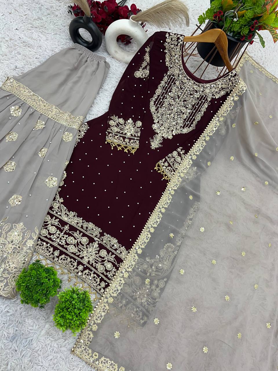 Reception Wear Wine Color Heavy Faux Georgette With Heavy Embroidery Work Palazzo Suit