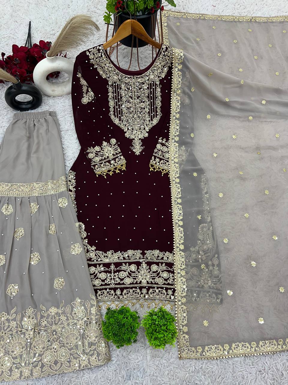 Reception Wear Wine Color Heavy Faux Georgette With Heavy Embroidery Work Palazzo Suit
