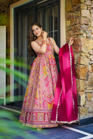 Celebrity Style Pure Jimmy Organza Silk Digital Printed Designer Anarkali Gown