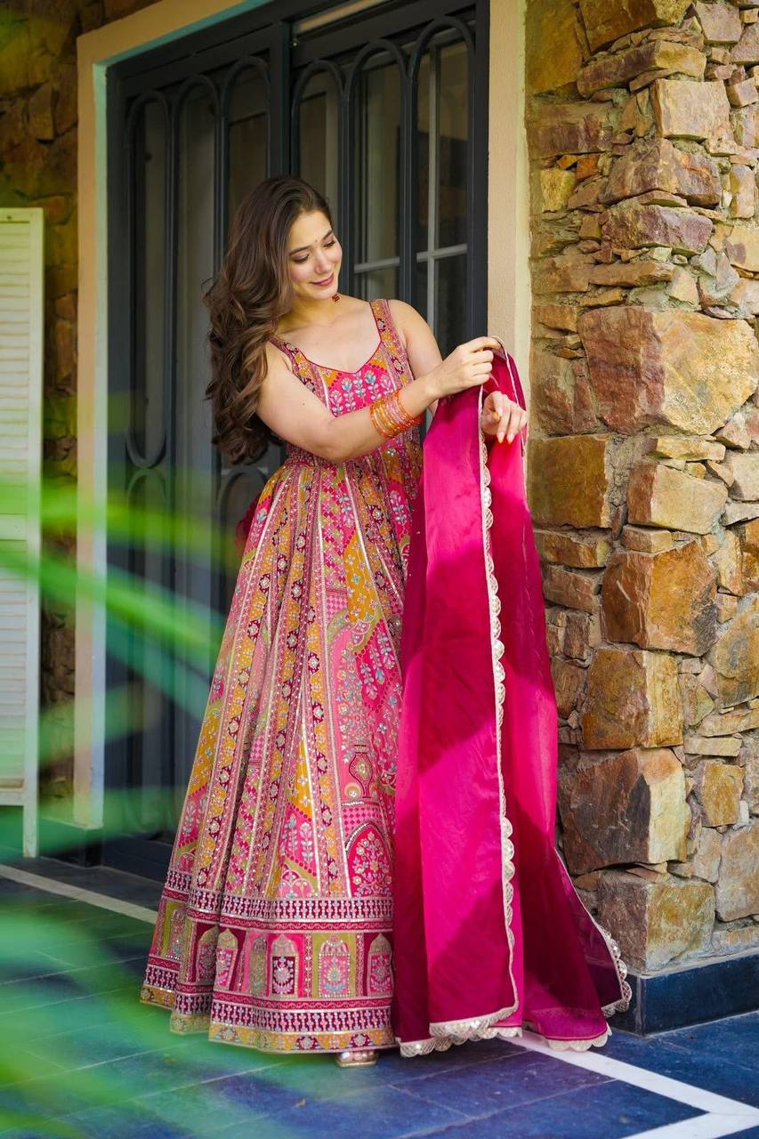 Celebrity Style Pure Jimmy Organza Silk Digital Printed Designer Anarkali Gown