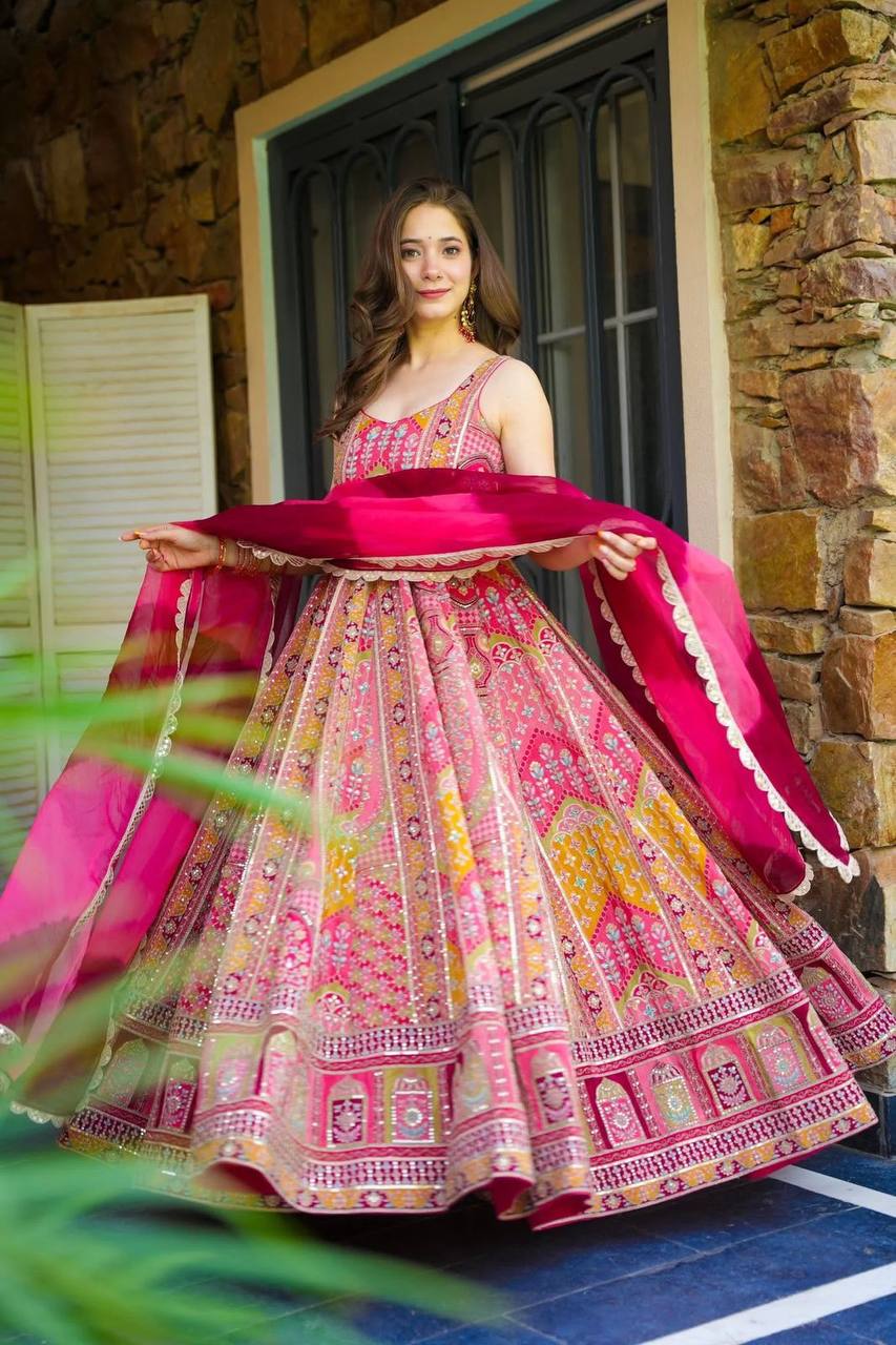 Celebrity Style Pure Jimmy Organza Silk Digital Printed Designer Anarkali Gown