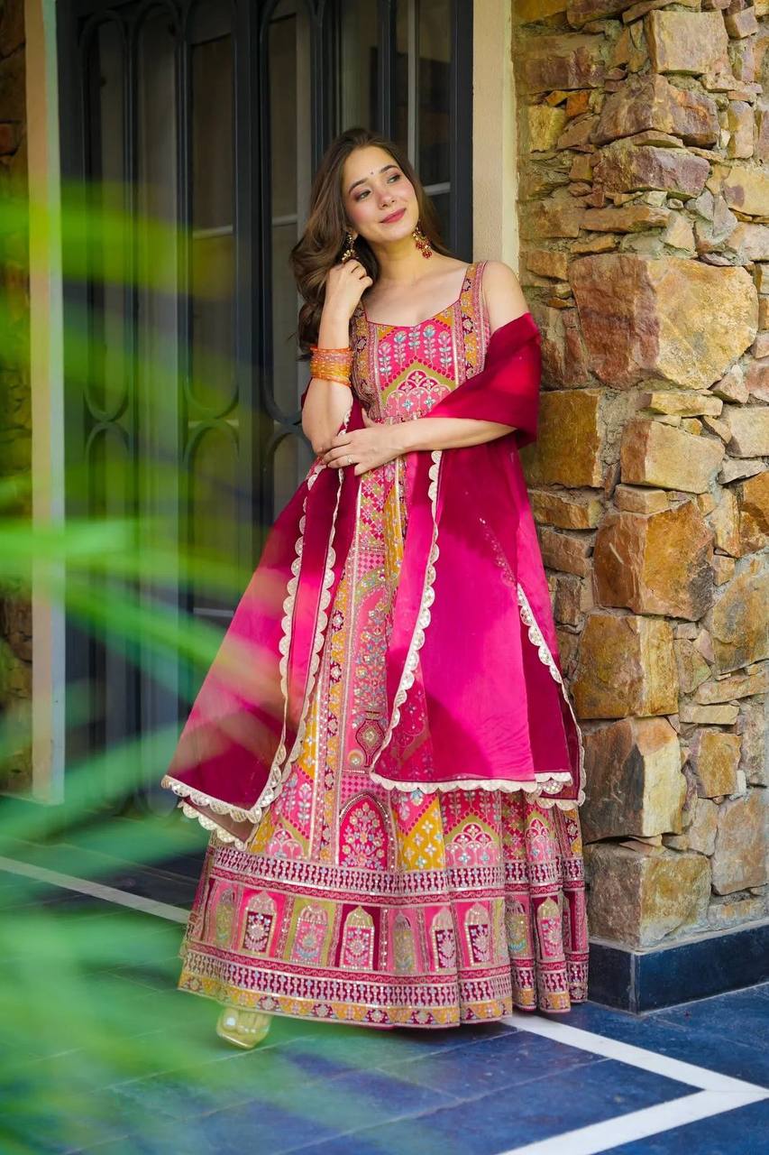 Celebrity Style Pure Jimmy Organza Silk Digital Printed Designer Anarkali Gown