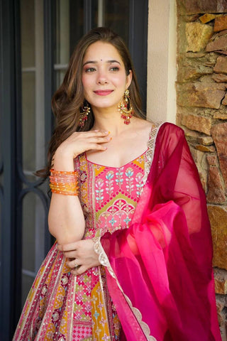 Celebrity Style Pure Jimmy Organza Silk Digital Printed Designer Anarkali Gown