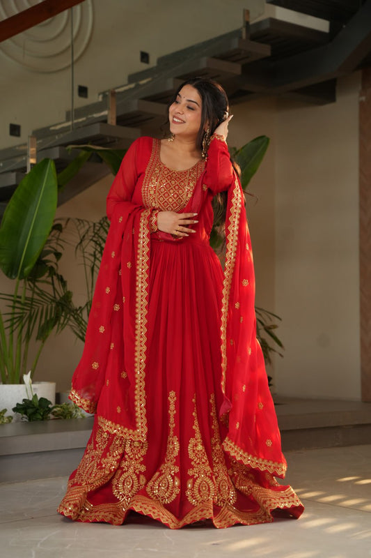 Engagement Wear Red Color Faux Blooming With Embroidery Zari Sequins Work Designer Gown