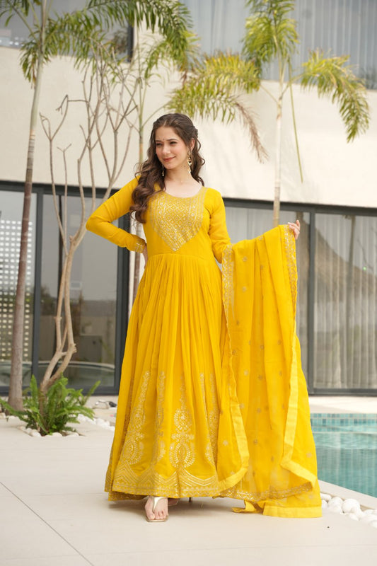 Engagement Wear Yellow Color Faux Blooming With Embroidery Zari Sequins Work Designer Gown