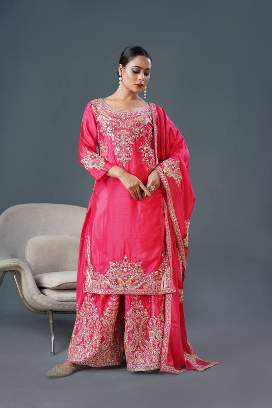 Admiring Pink Color Pure Chinon Silk With Heavy Embroidery Coding Dori Sequence Work Palazzo Suit