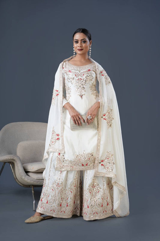 Admiring White Color Pure Chinon Silk With Heavy Embroidery Coding Dori Sequence Work Palazzo Suit