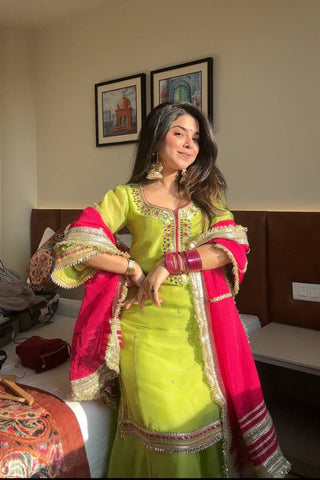 Function Wear Parrot Color Faux Blooming With Sequins And Thread Embroidered Work Sharara Suit
