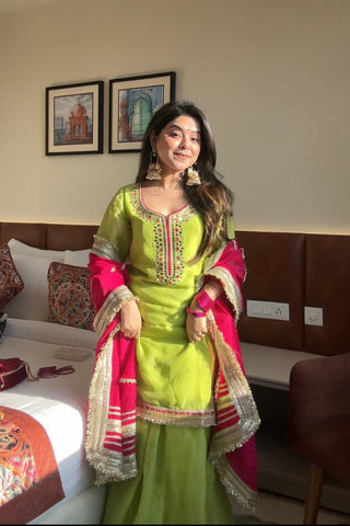 Function Wear Parrot Color Faux Blooming With Sequins And Thread Embroidered Work Sharara Suit
