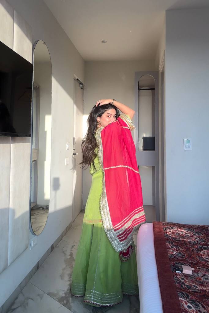 Function Wear Parrot Color Faux Blooming With Sequins And Thread Embroidered Work Sharara Suit