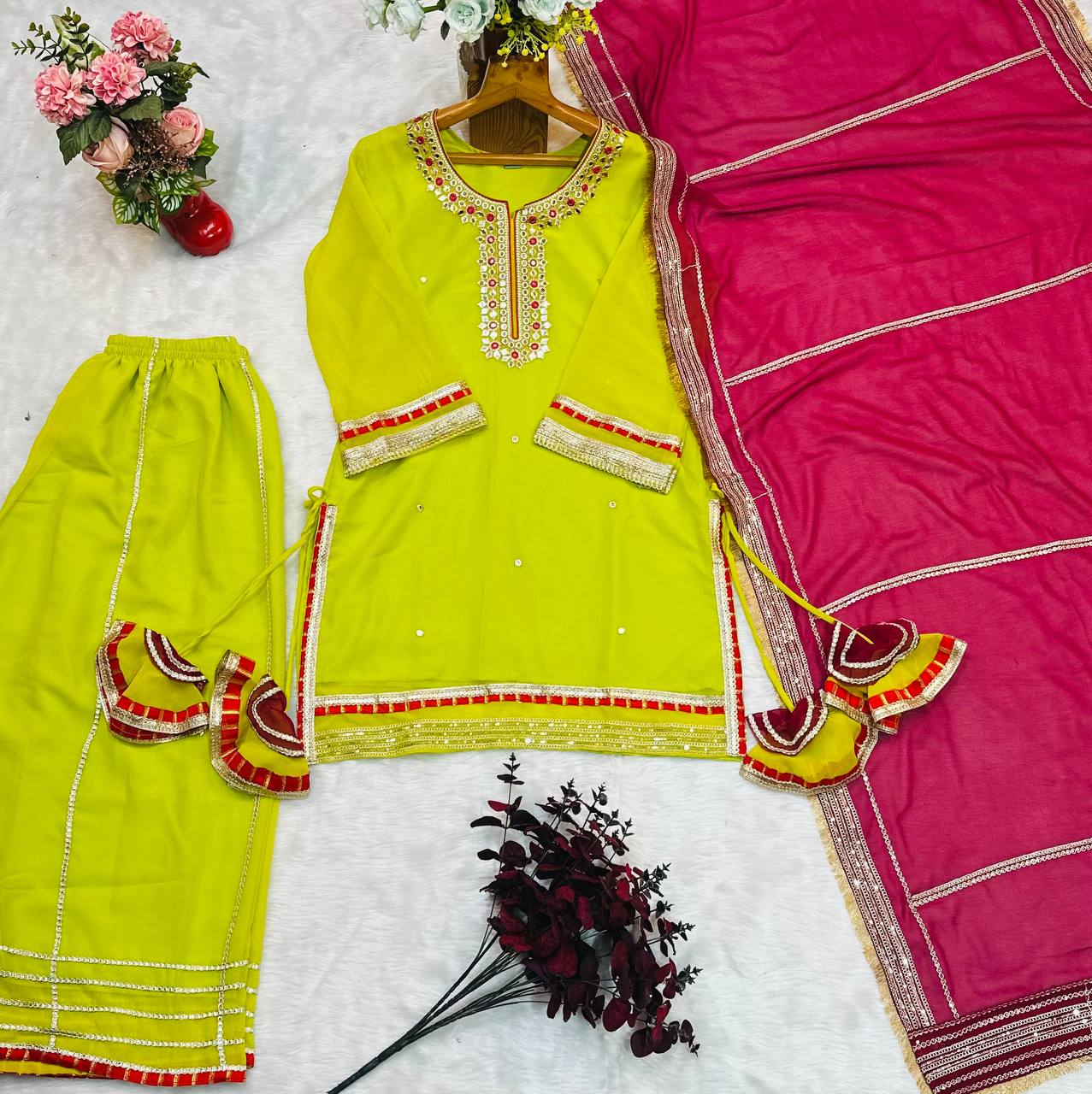 Function Wear Parrot Color Faux Blooming With Sequins And Thread Embroidered Work Sharara Suit