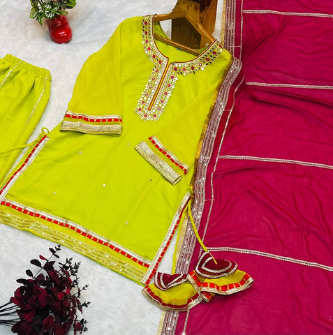 Function Wear Parrot Color Faux Blooming With Sequins And Thread Embroidered Work Sharara Suit