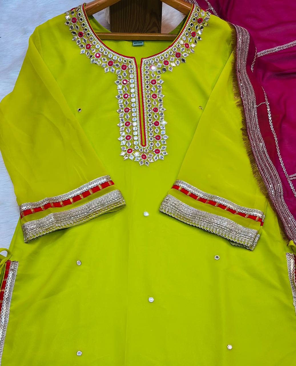 Function Wear Parrot Color Faux Blooming With Sequins And Thread Embroidered Work Sharara Suit