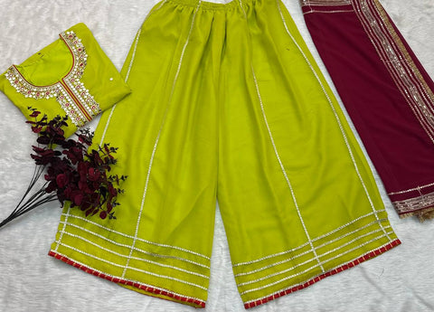 Function Wear Parrot Color Faux Blooming With Sequins And Thread Embroidered Work Sharara Suit