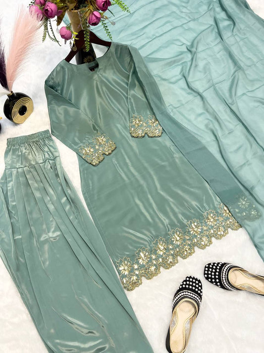 Exclusive Aqua Green Color Heavy Natural Creep Silk With Bids Hand Work Beautiful Salwar Suit