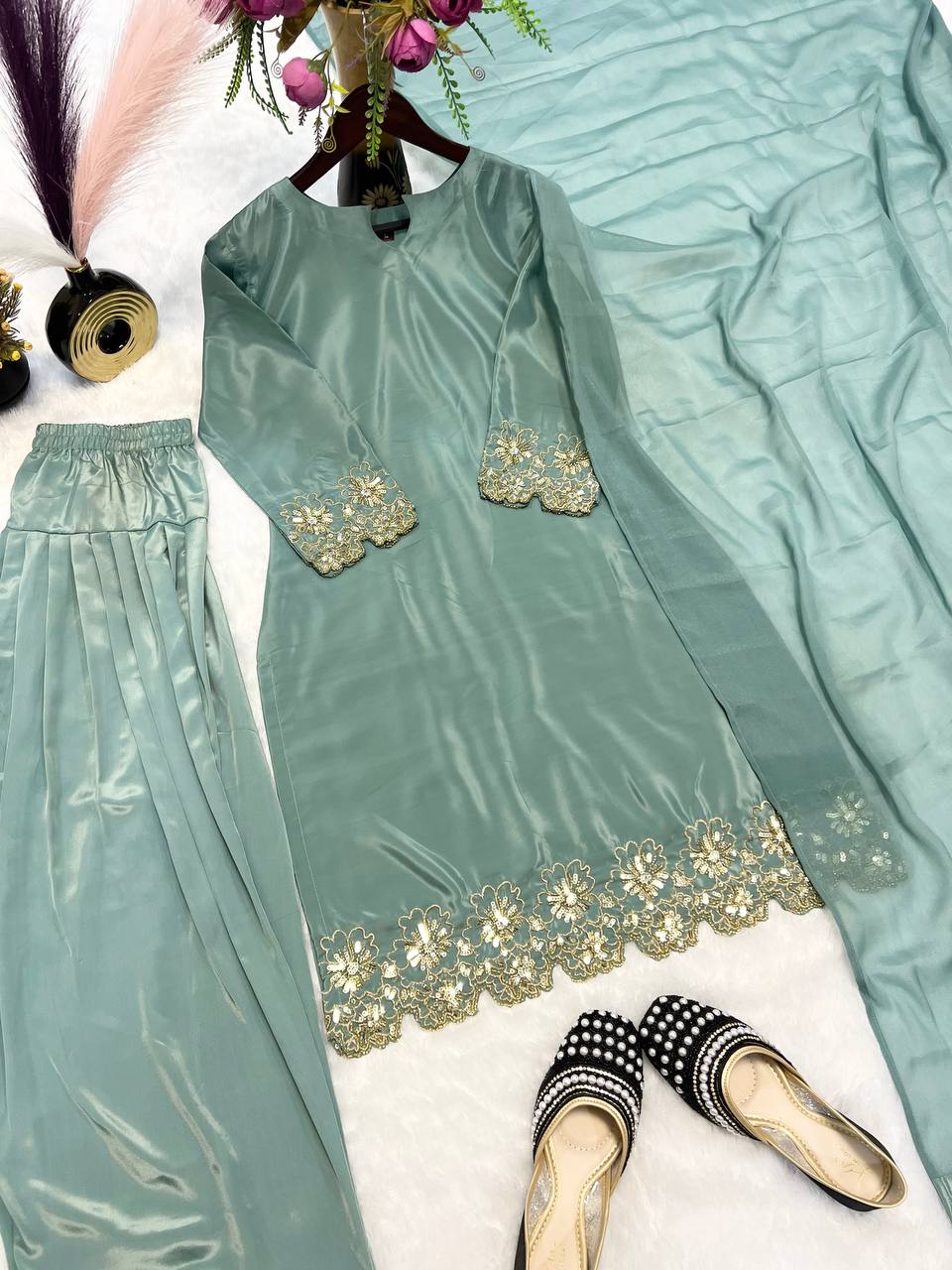 Exclusive Aqua Green Color Heavy Natural Creep Silk With Bids Hand Work Beautiful Salwar Suit