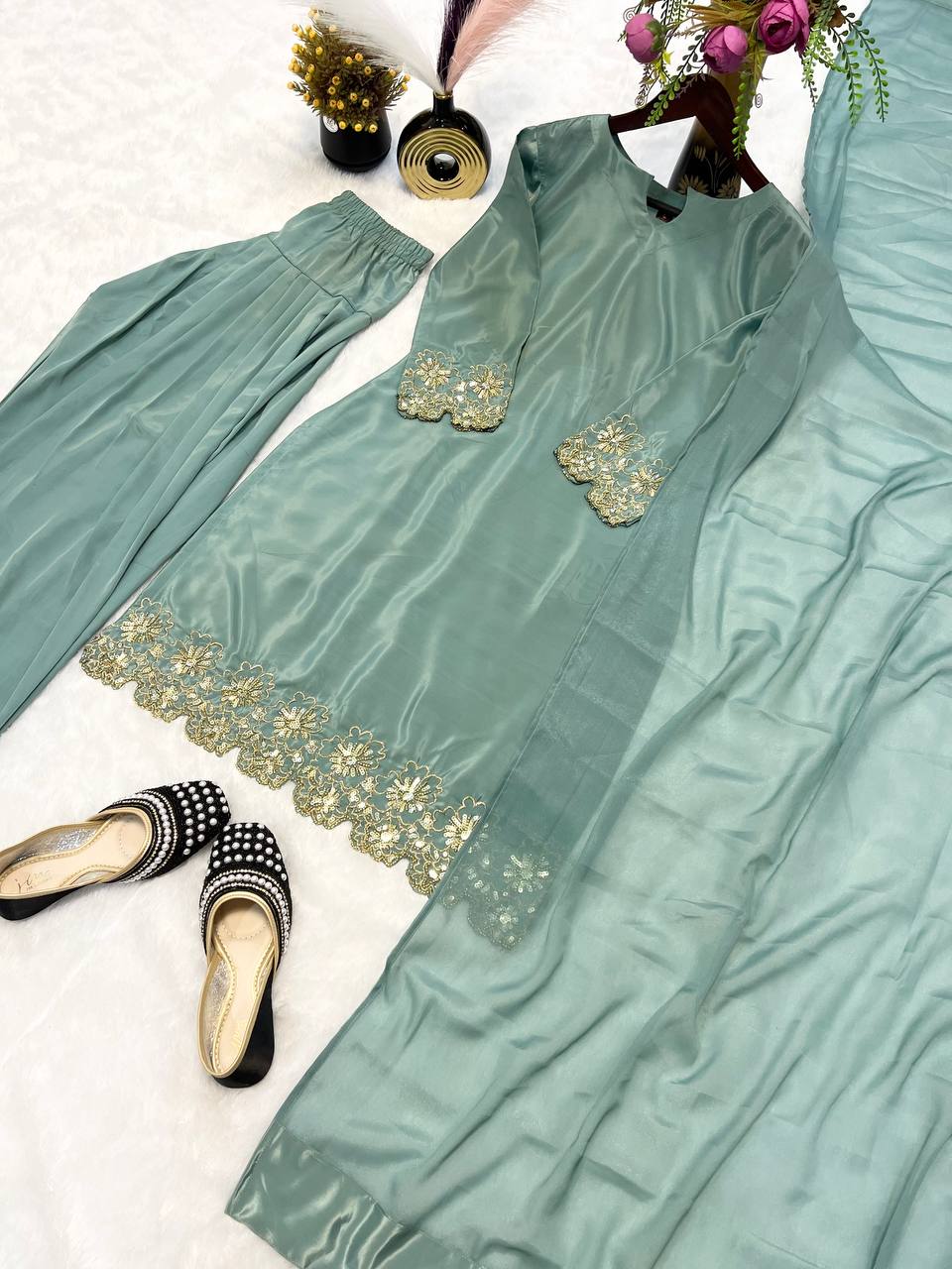 Exclusive Aqua Green Color Heavy Natural Creep Silk With Bids Hand Work Beautiful Salwar Suit