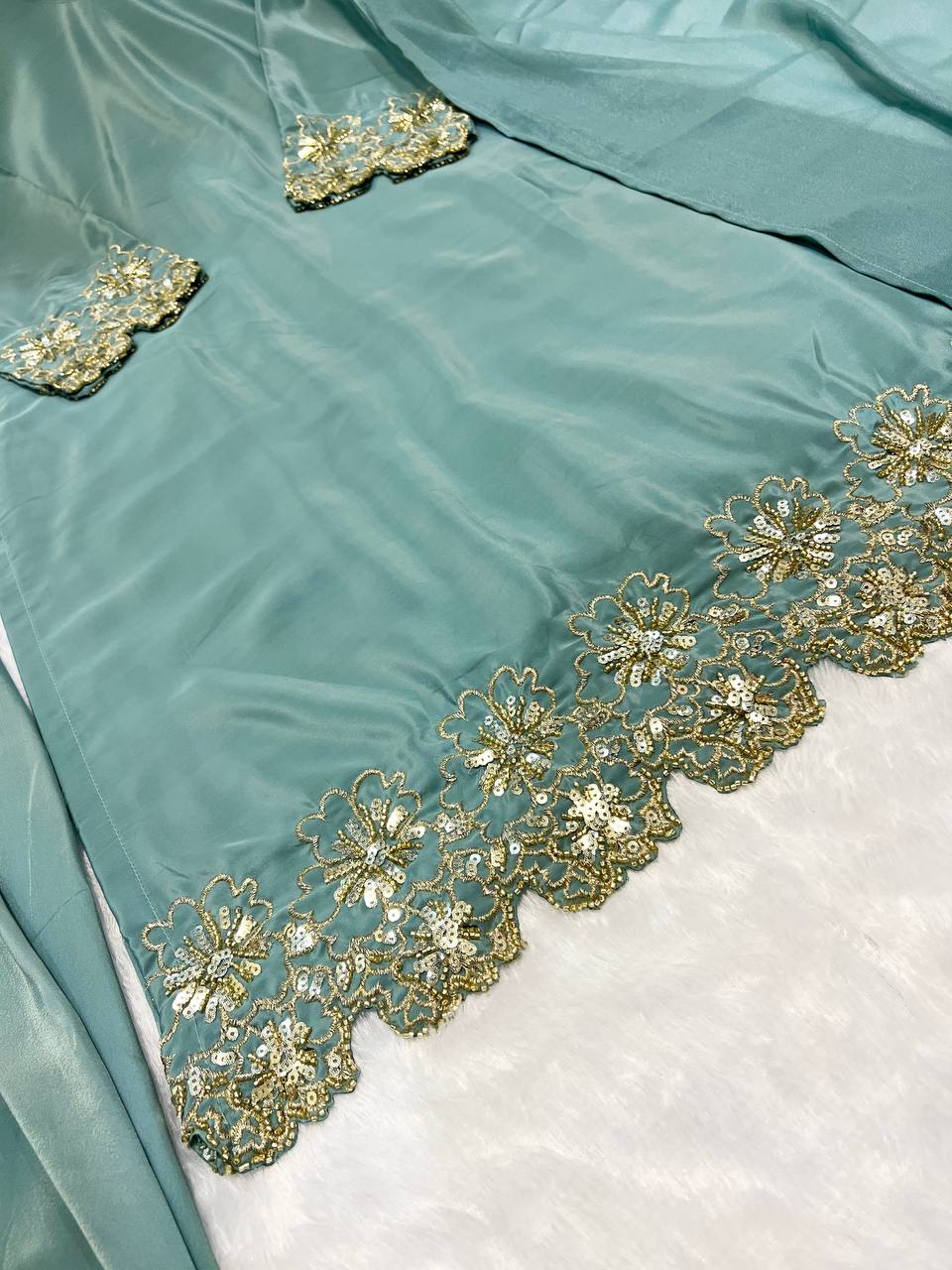 Exclusive Aqua Green Color Heavy Natural Creep Silk With Bids Hand Work Beautiful Salwar Suit