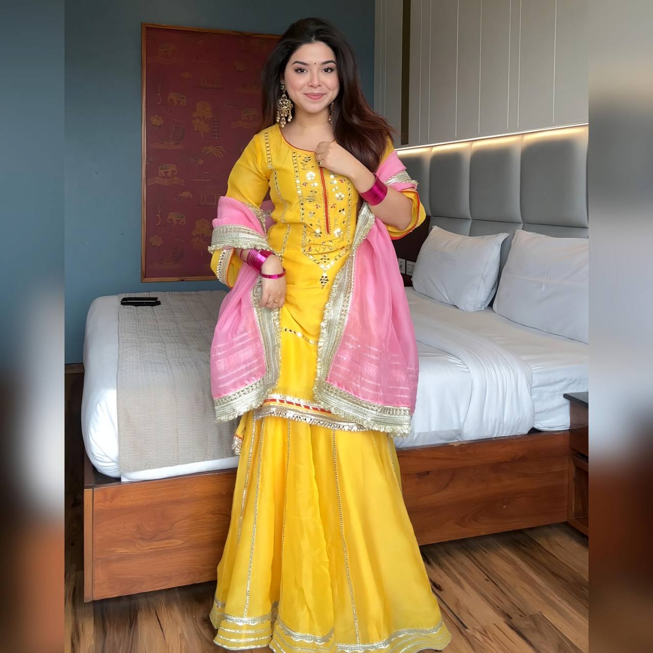 Haldi Special Yellow Color Chinon Silk With Sequins And Thread Embroidered Work Sharara Suit