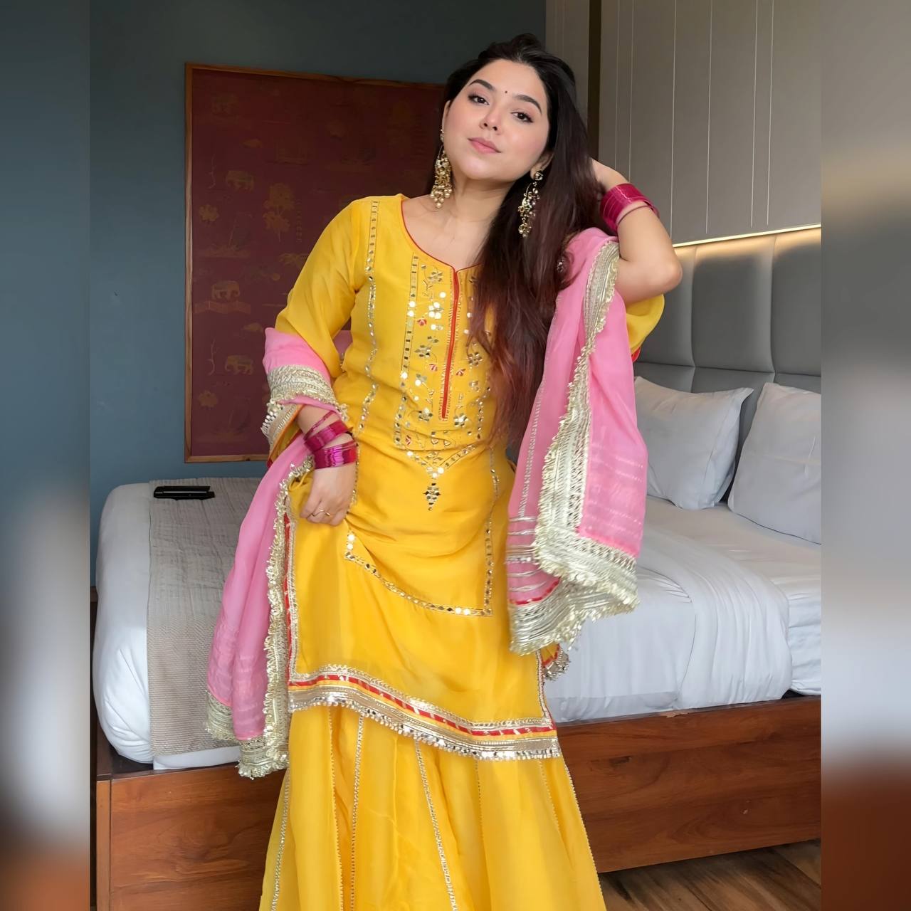 Haldi Special Yellow Color Chinon Silk With Sequins And Thread Embroidered Work Sharara Suit