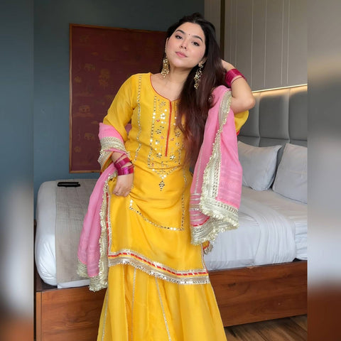 Haldi Special Yellow Color Chinon Silk With Sequins And Thread Embroidered Work Sharara Suit