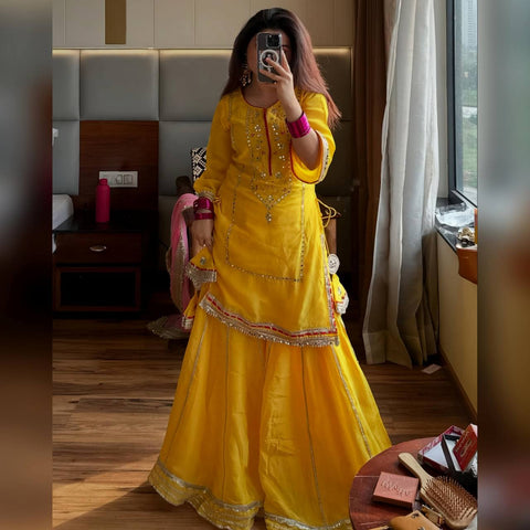 Haldi Special Yellow Color Chinon Silk With Sequins And Thread Embroidered Work Sharara Suit