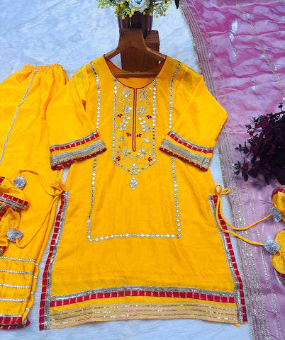Haldi Special Yellow Color Chinon Silk With Sequins And Thread Embroidered Work Sharara Suit