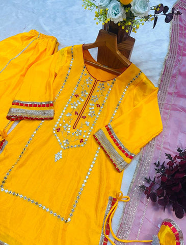 Haldi Special Yellow Color Chinon Silk With Sequins And Thread Embroidered Work Sharara Suit
