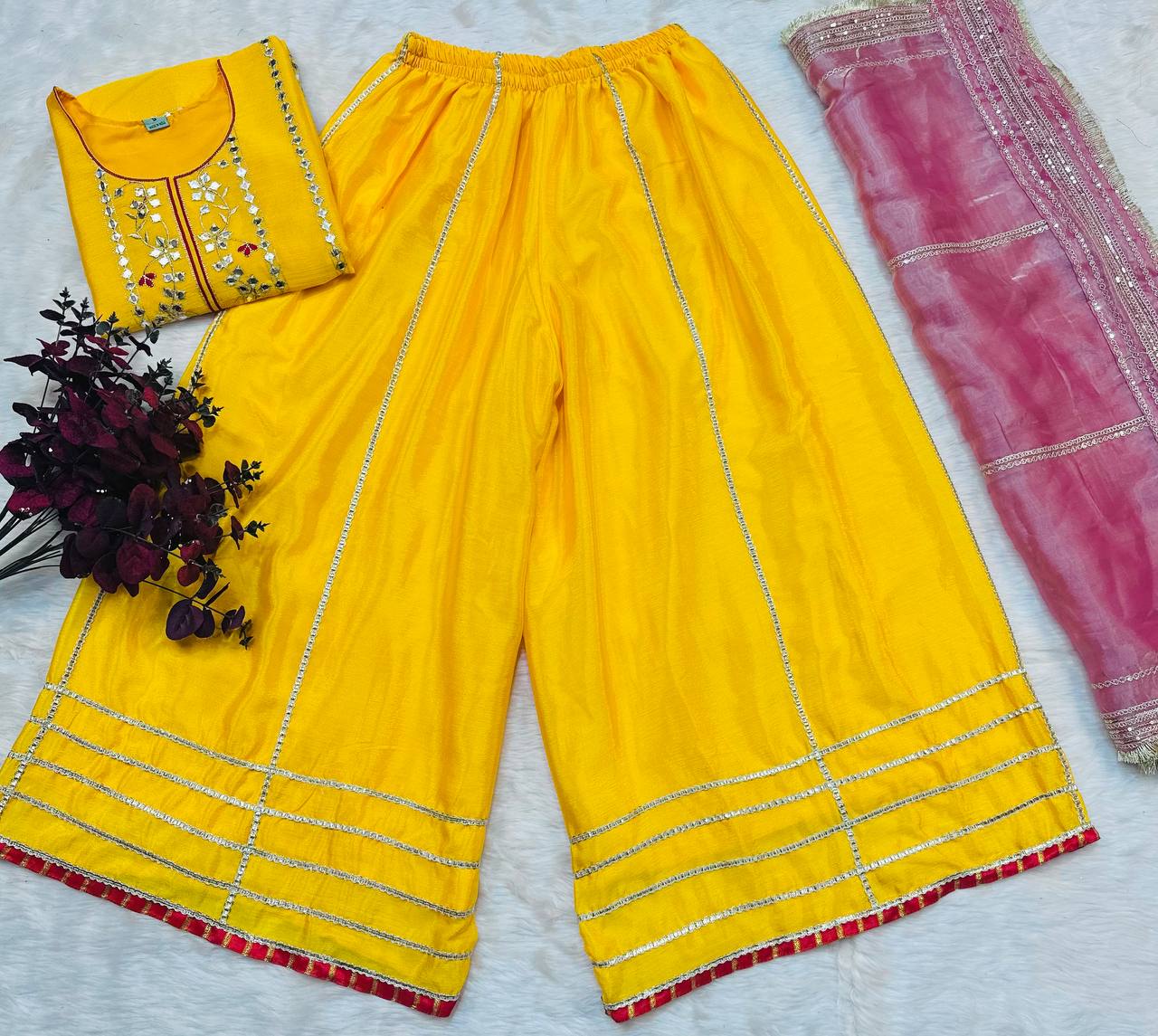 Haldi Special Yellow Color Chinon Silk With Sequins And Thread Embroidered Work Sharara Suit