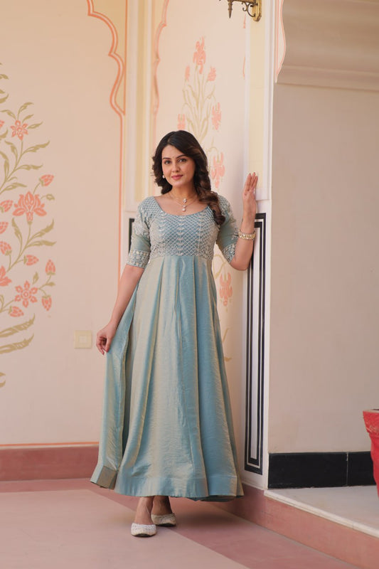 Admiring Sky Color Fendy With Beads Embroidered Work Gown