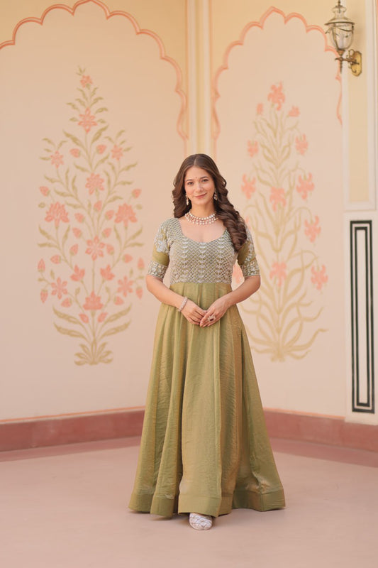 Admiring Mahendi Color Fendy With Beads Embroidered Work Gown