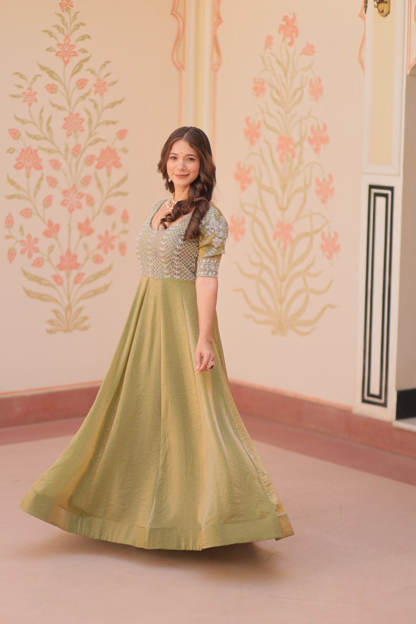 Admiring Mahendi Color Fendy With Beads Embroidered Work Gown