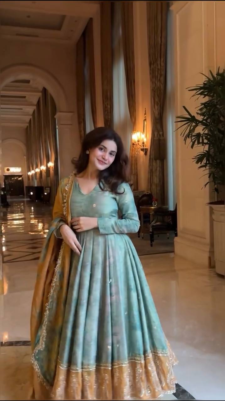 Engagement Wear Green Color Heavy Embroidery Sequence Work  Designer Party Wear Look Gown-Dupatta