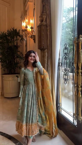 Engagement Wear Green Color Heavy Embroidery Sequence Work  Designer Party Wear Look Gown-Dupatta