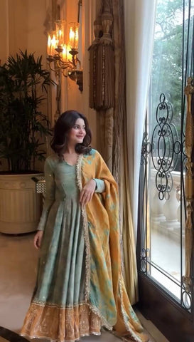 Engagement Wear Green Color Heavy Embroidery Sequence Work  Designer Party Wear Look Gown-Dupatta