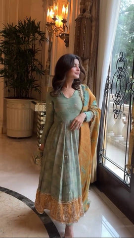 Engagement Wear Green Color Heavy Embroidery Sequence Work  Designer Party Wear Look Gown-Dupatta