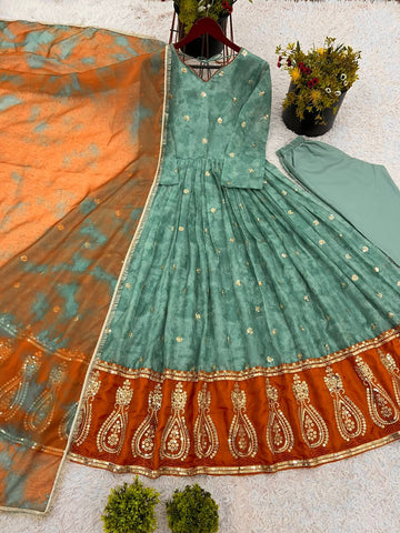 Engagement Wear Green Color Heavy Embroidery Sequence Work  Designer Party Wear Look Gown-Dupatta