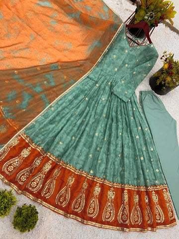 Engagement Wear Green Color Heavy Embroidery Sequence Work  Designer Party Wear Look Gown-Dupatta