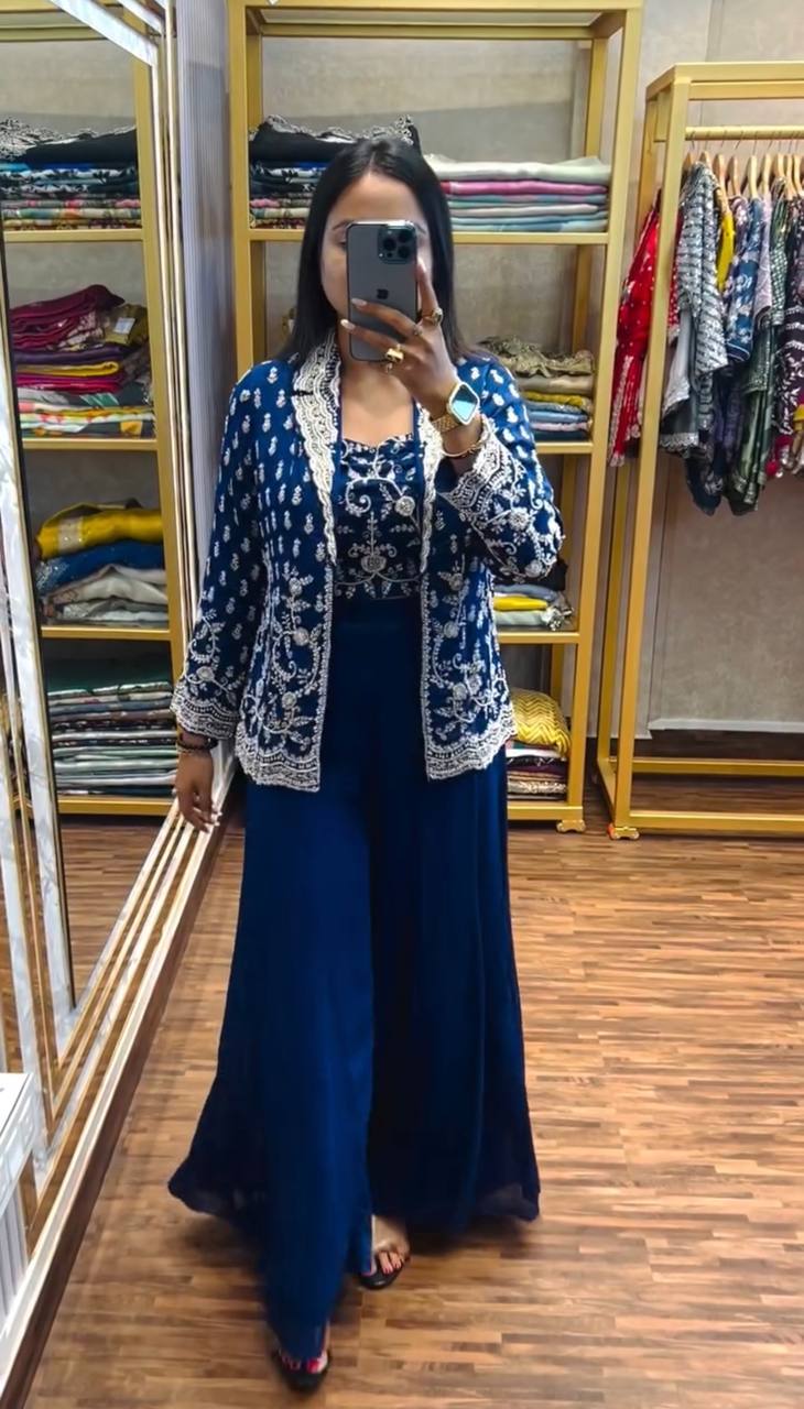 Exclusive Blue Color Chinon Front Side Full Embroidery Work Palazzo Suit