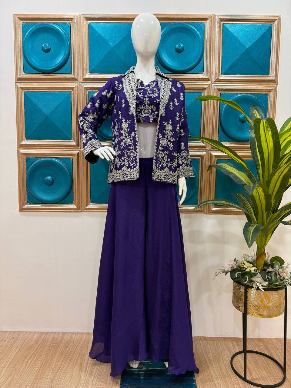 Exclusive Blue Color Chinon Front Side Full Embroidery Work Palazzo Suit