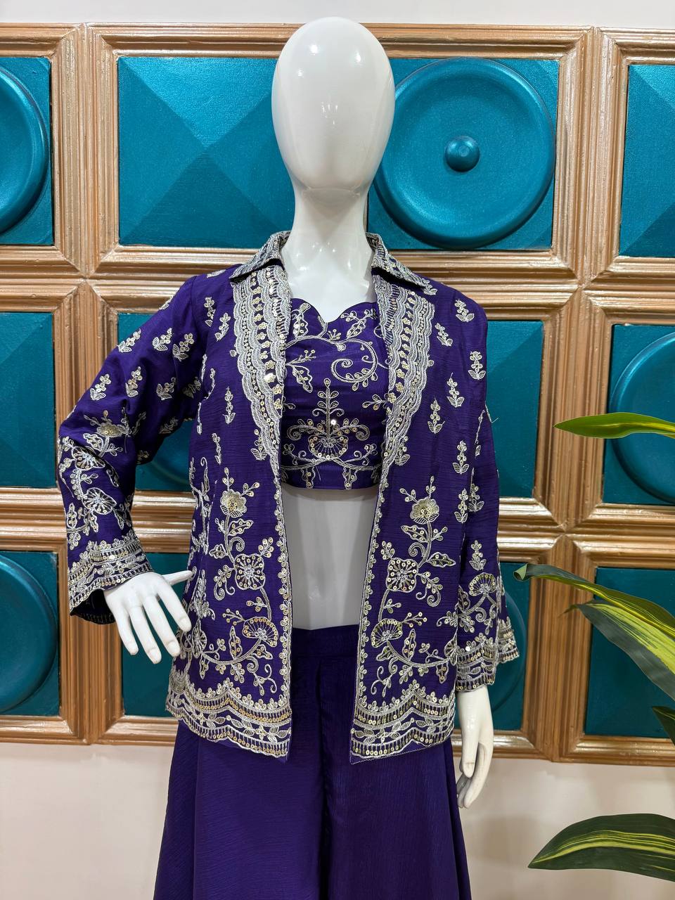 Exclusive Blue Color Chinon Front Side Full Embroidery Work Palazzo Suit