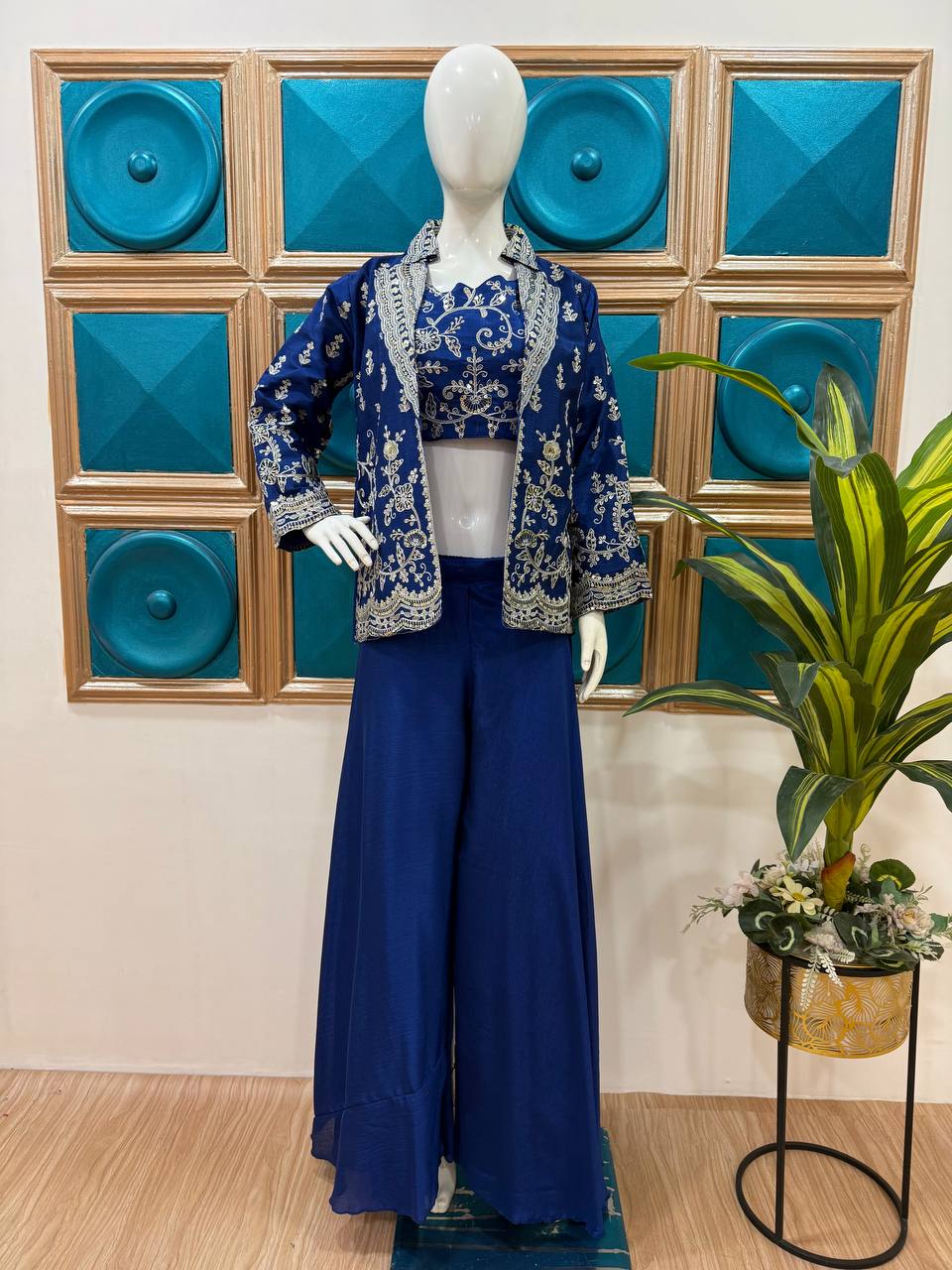 Exclusive Blue Color Chinon Front Side Full Embroidery Work Palazzo Suit